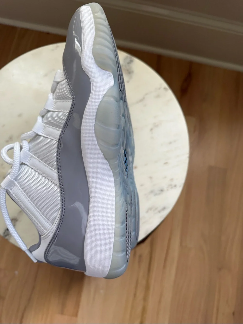 Jordan Men’s Low Top Athletic Shoes in White and Gray Patent